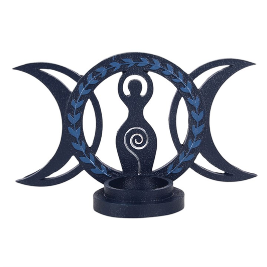 Blue and black Triple Moon tealight holder with Goddess figure