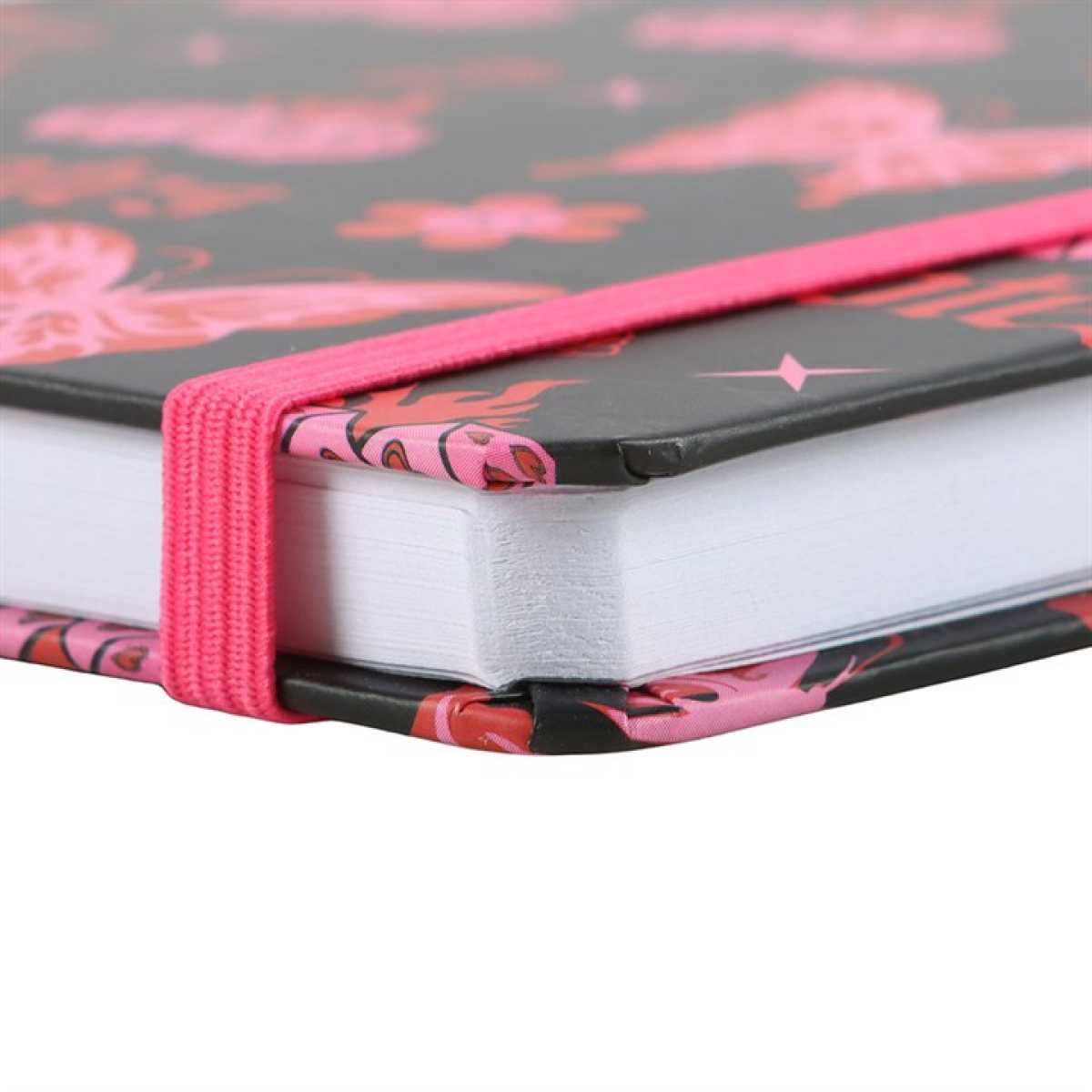 Flaming Butterfly notebook page edges and elastic closure