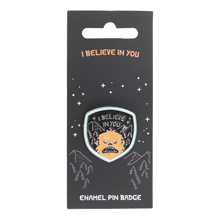 Bigfoot enamel pin in retail packaging