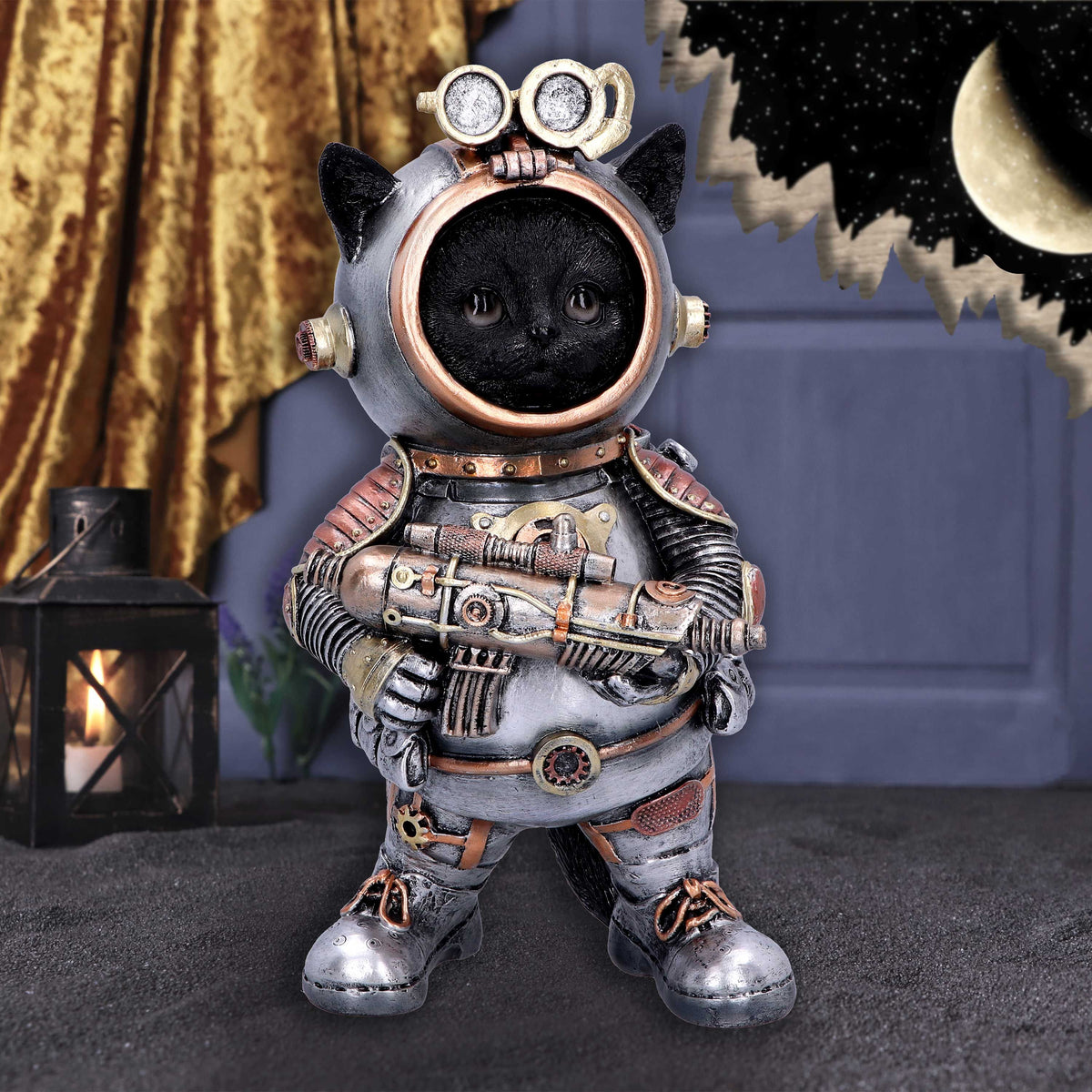 Cat-tack Space steampunk figurine displayed in gothic room setting