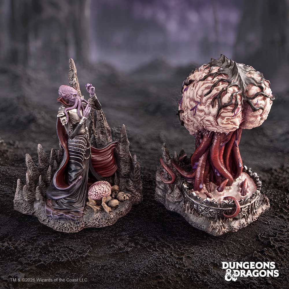 Mind Flayer and Elder Brain bookends in a fantasy display setting