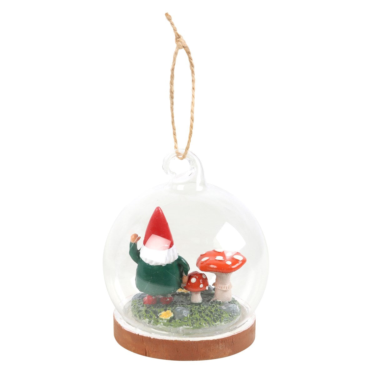 Side view of gnome and mushroom glass dome decoration