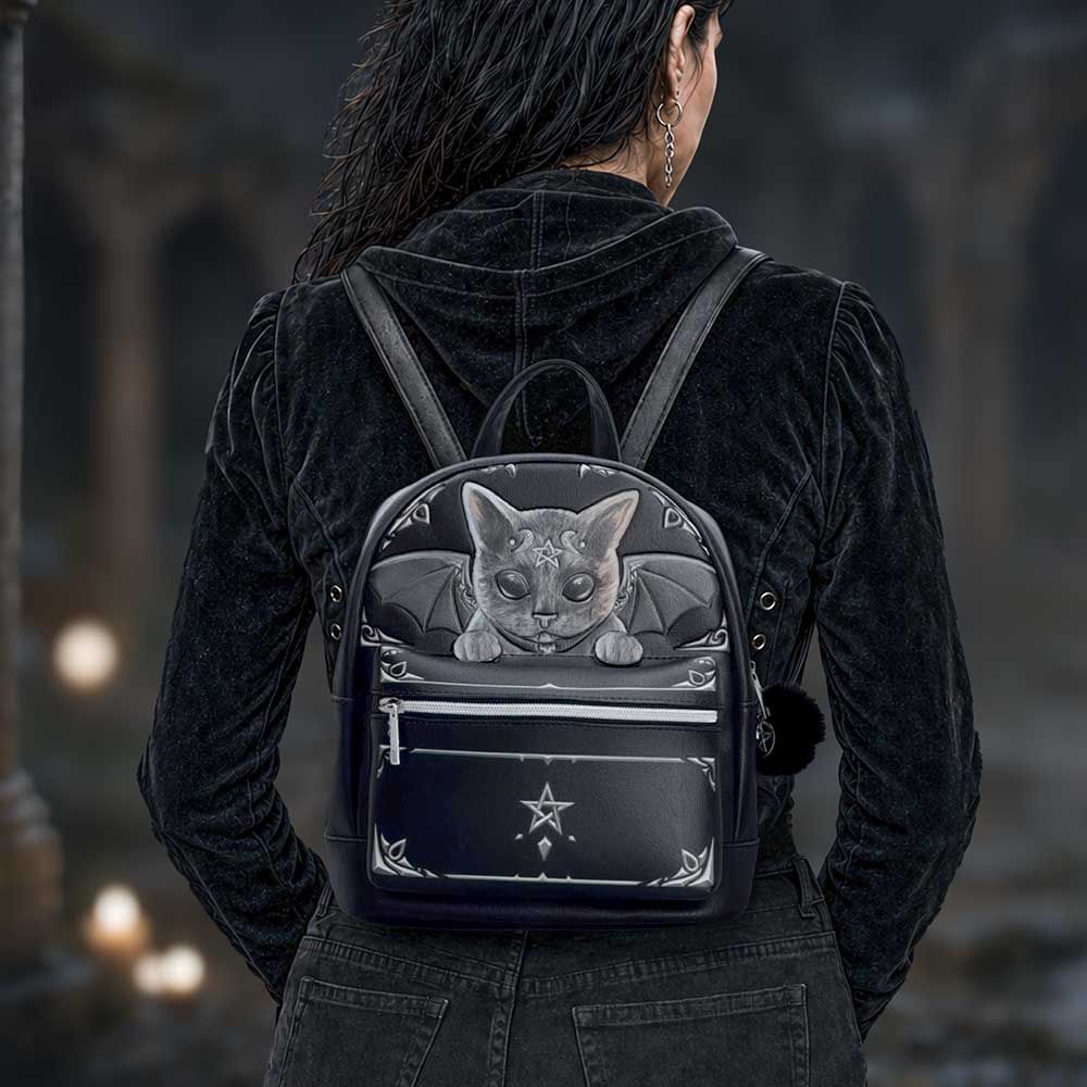Malpuss Cult Cuties backpack being worn