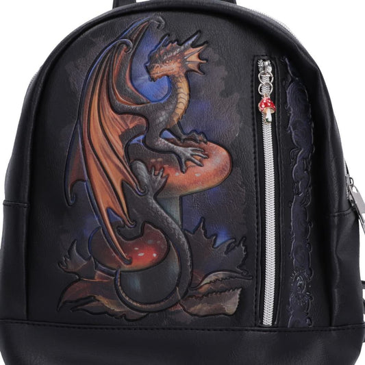 Close-up of Anne Stokes dragon artwork on black backpack