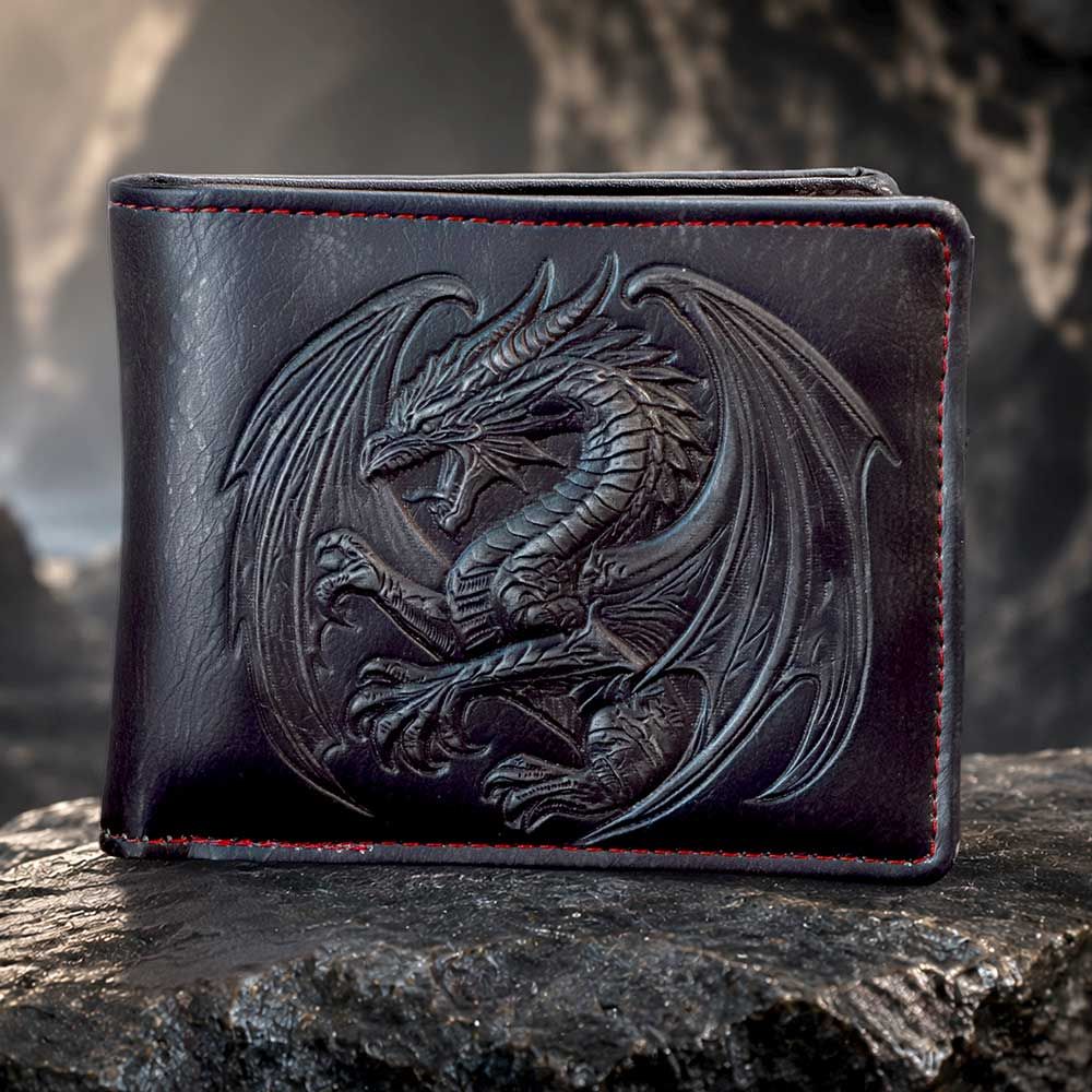Obsidian Dragon black PU leather wallet with dragon artwork on a rocky background