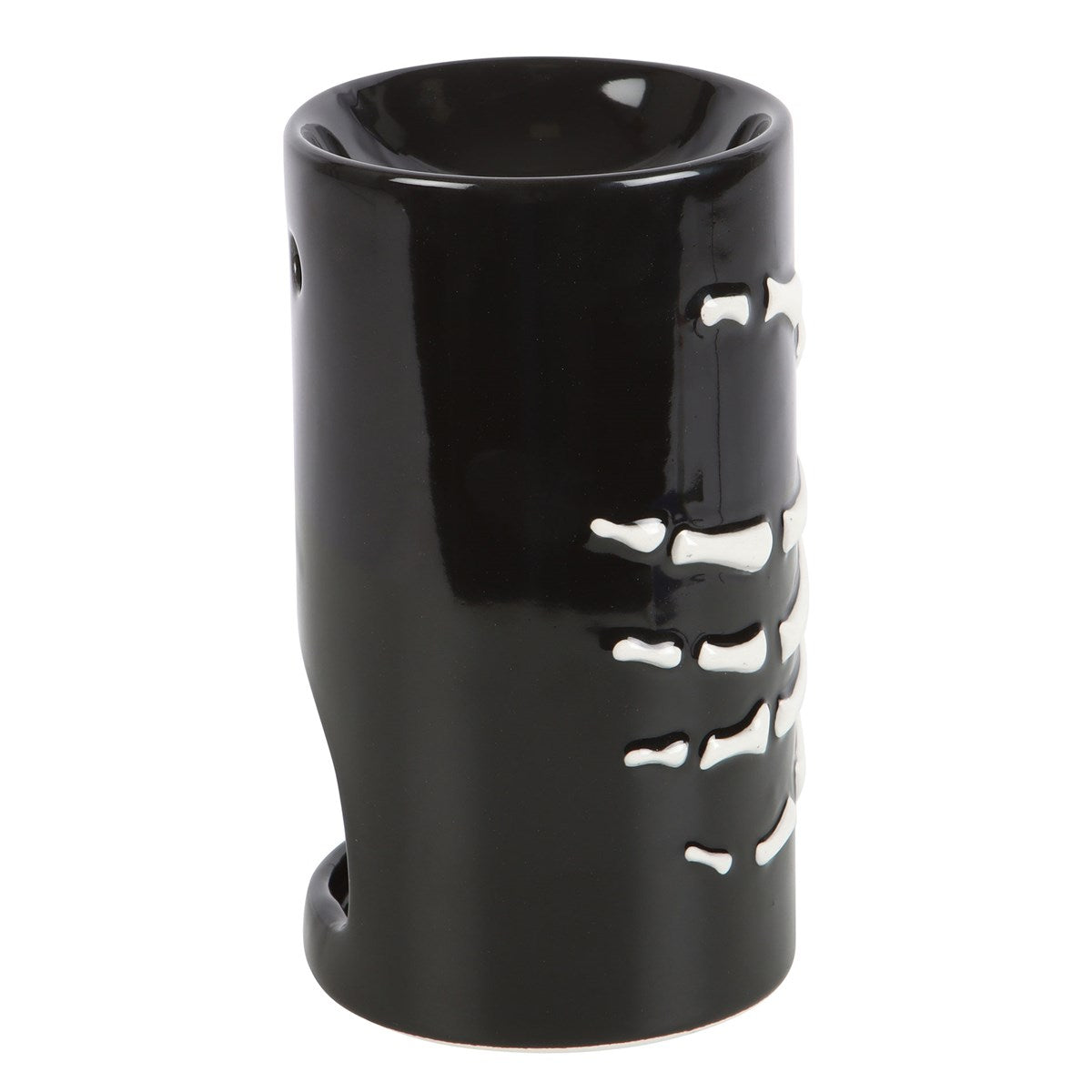 Black and white skeleton hand oil burner side view