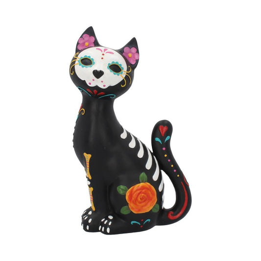 Front view of Sugar Kitty cat figurine with colourful sugar skull face