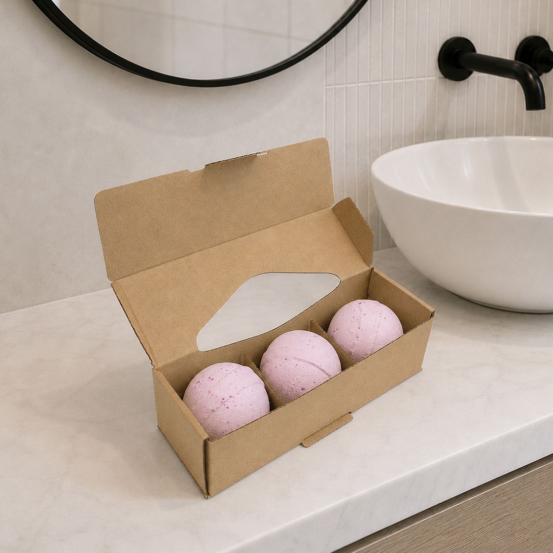 1. Gift boxed Passion Potion Bath Bombs displayed beside bathroom sink