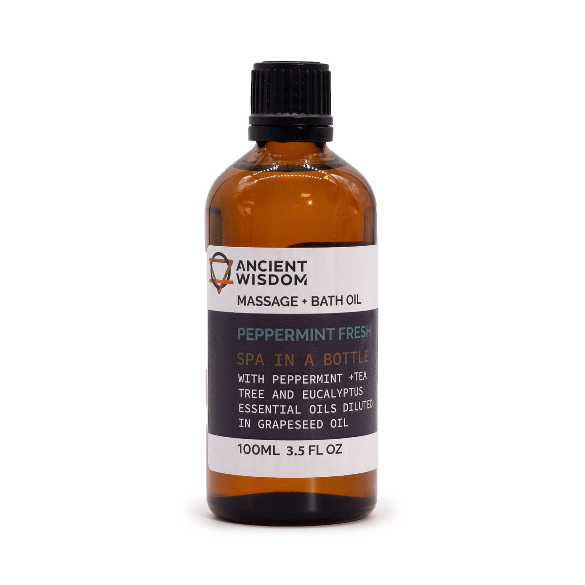 Bottle of Ancient Wisdom peppermint fresh massage bath oil on a white background
