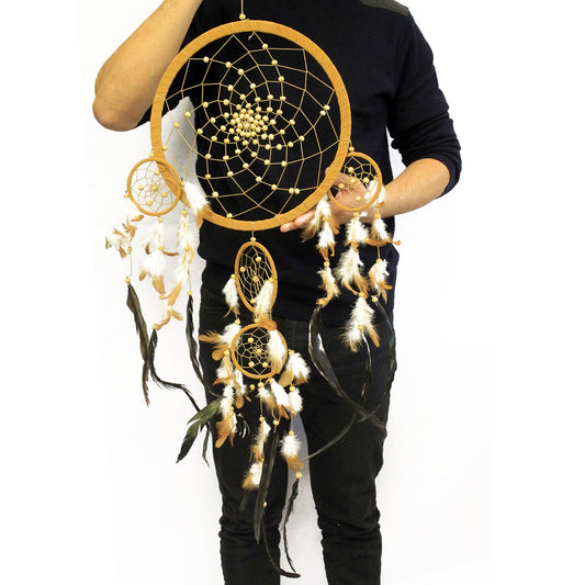 32cm round Bali dreamcatcher with five rings and wooden beads