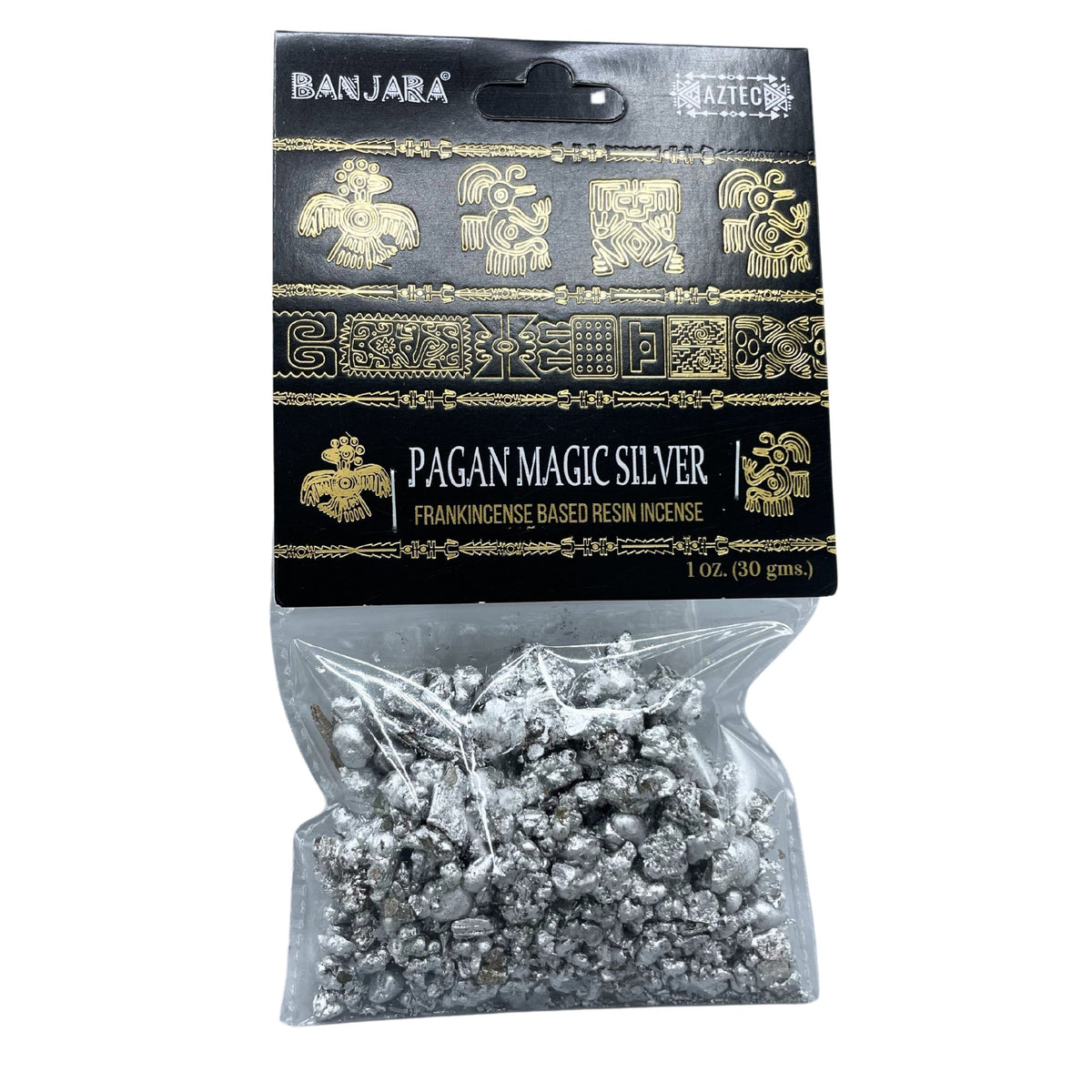 Pagan Magic Silver resin incense packaging with gold text on a white background
