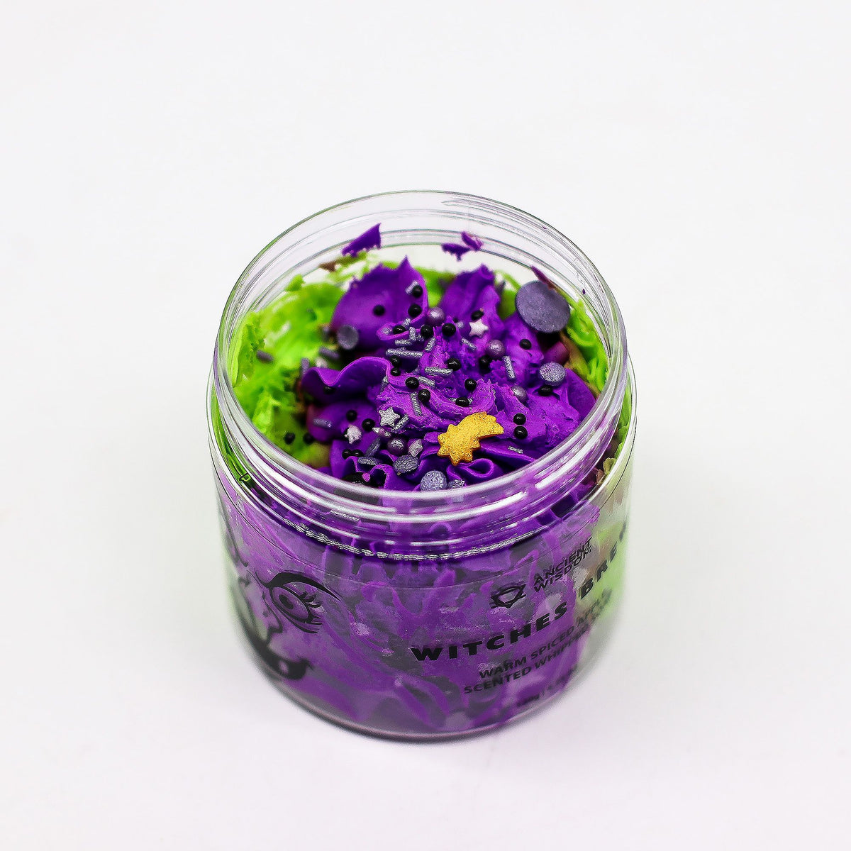 Top view of Witches Brew Whipped Soap showing green and purple whipped texture