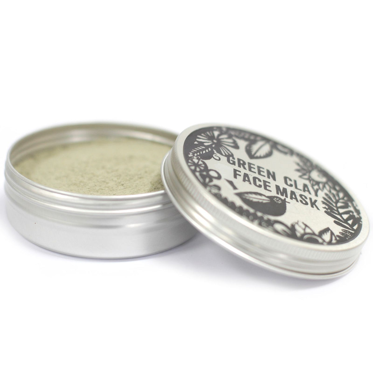 1. Close-up of Agnes + Cat Green Clay Face Mask powder in aluminium tin
