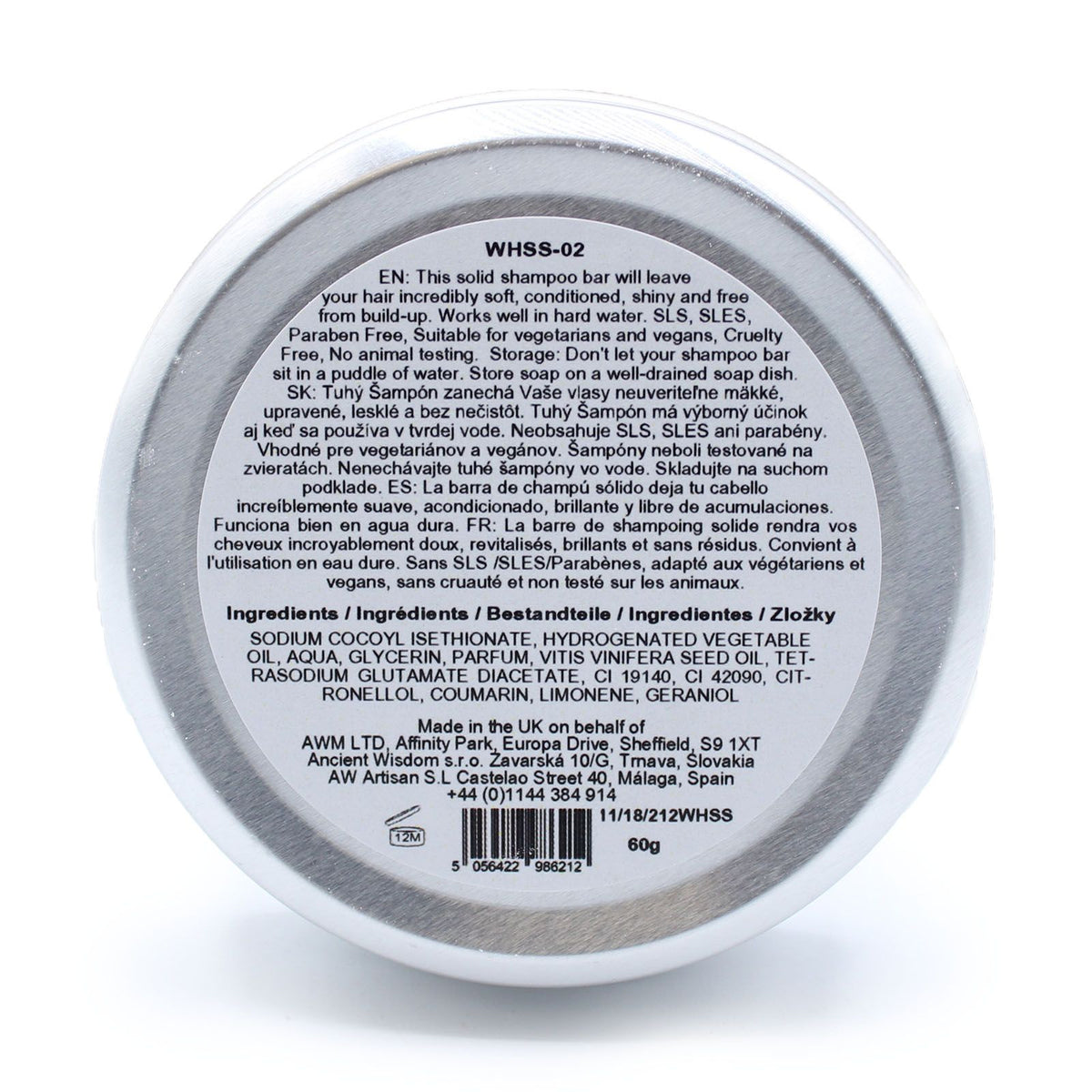 Wild Hare Aloe Vera shampoo ingredients label on tin