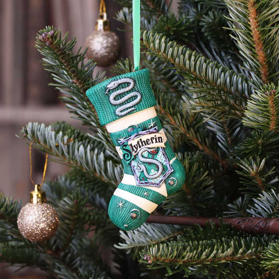 1. Harry Potter Slytherin stocking ornament hanging on Christmas tree