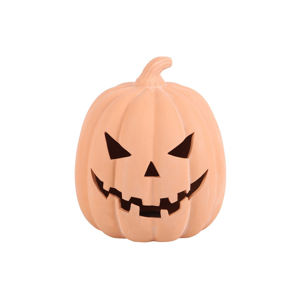 Orange terracotta pumpkin ornament with jack-o'-lantern face