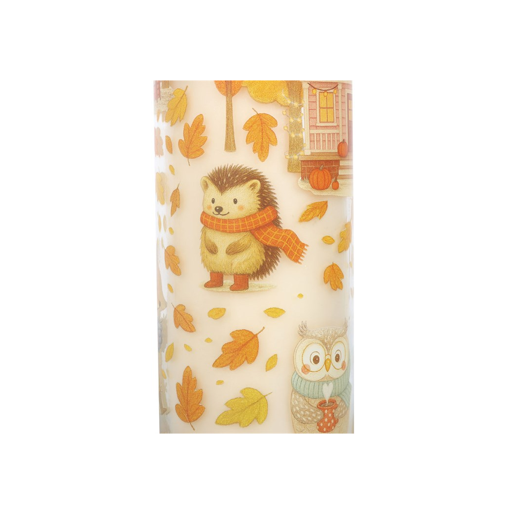 Candle with hedgehog and owl design on a white background