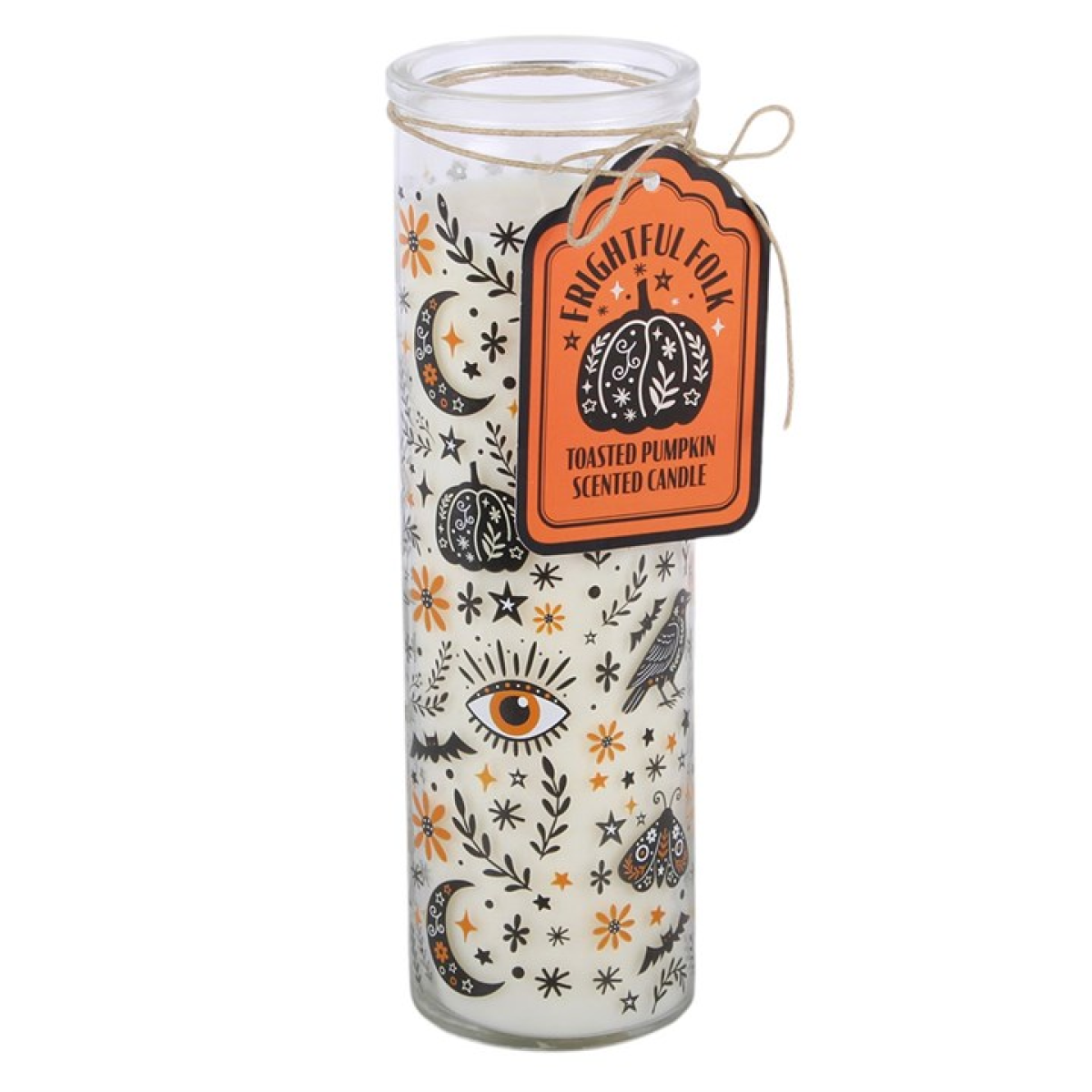 Front view: Frightful Folk Toasted Pumpkin tube candle in glass jar