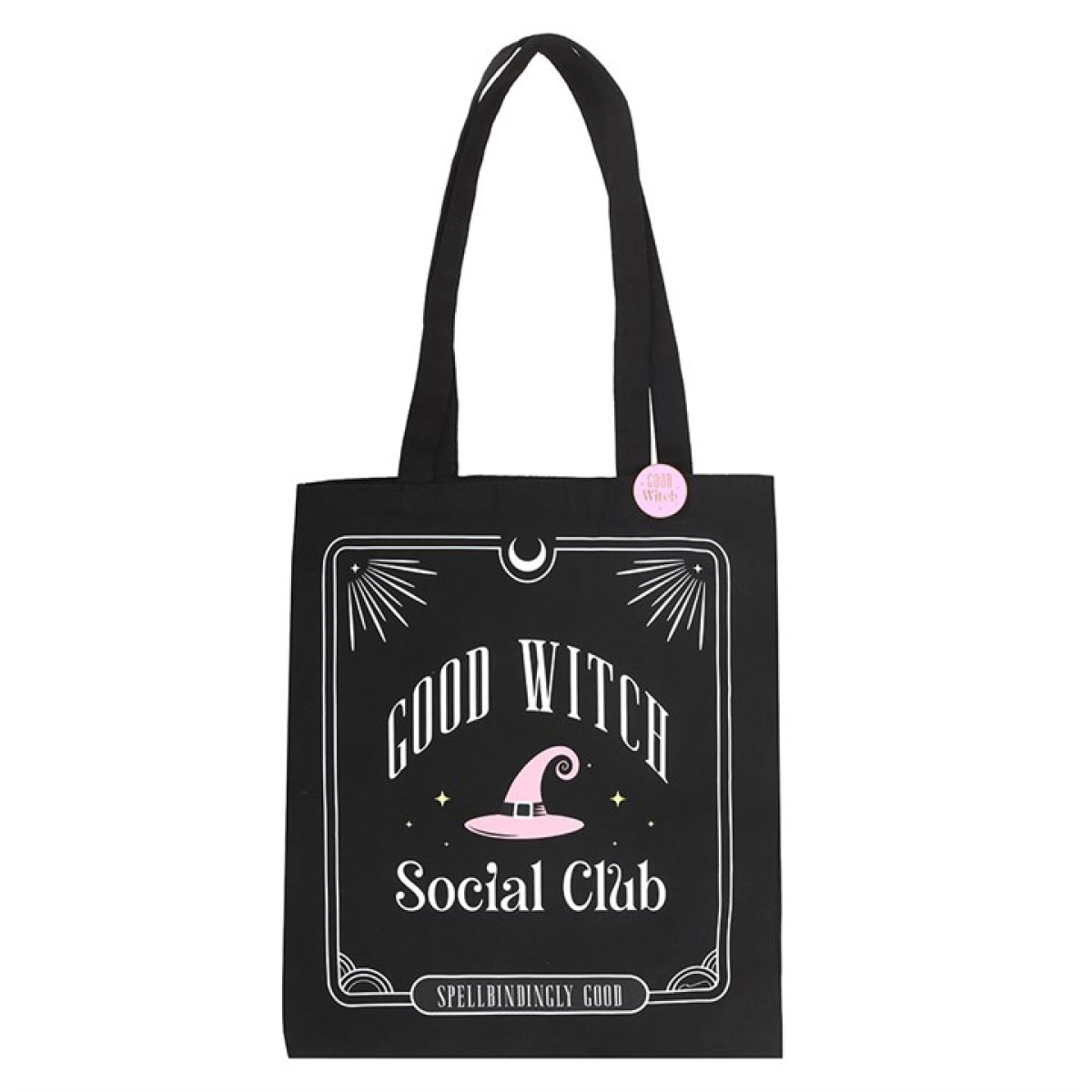 Good Witch Social Club black tote bag with matching pink pin badge