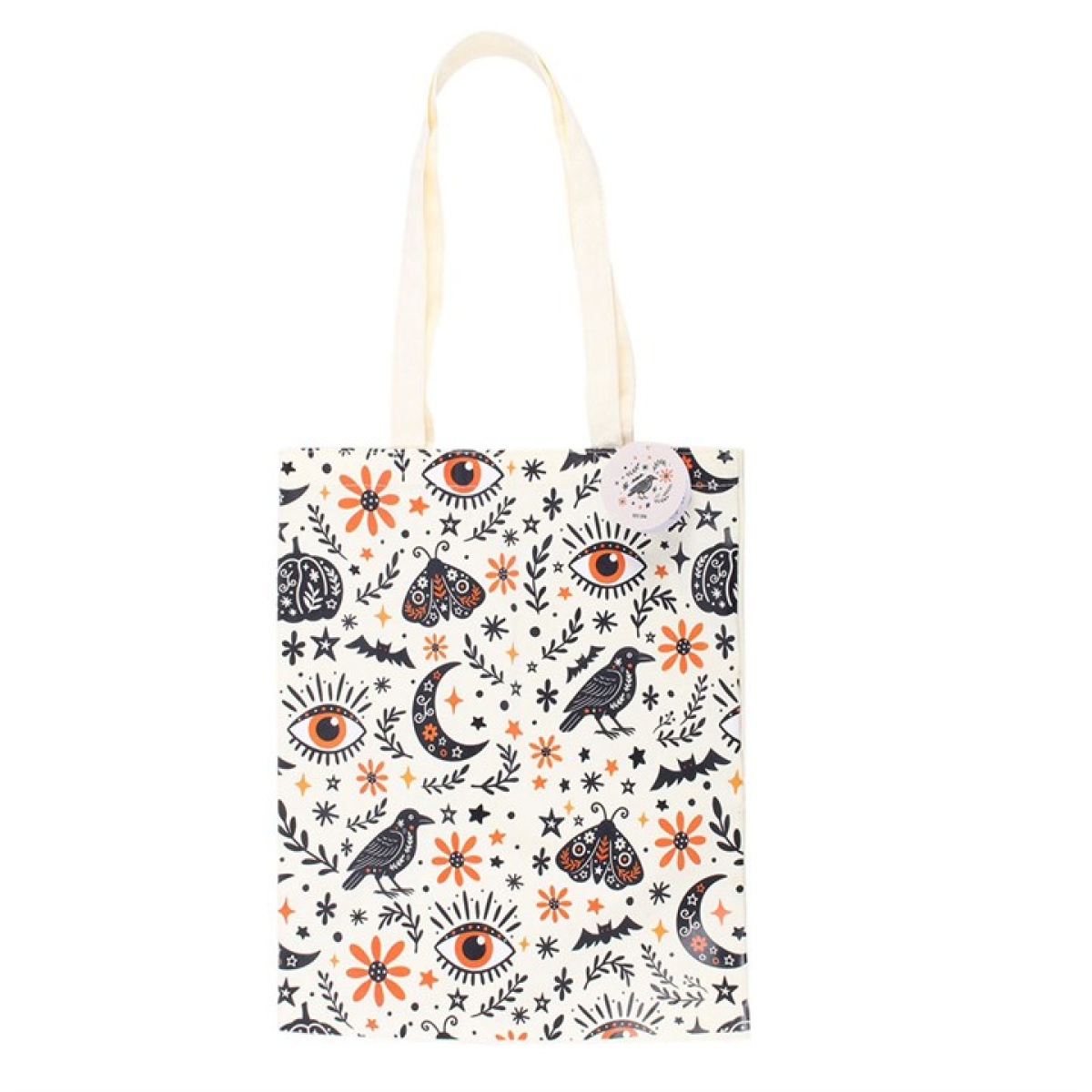 Frightful Folk tote bag showing full autumn-inspired print