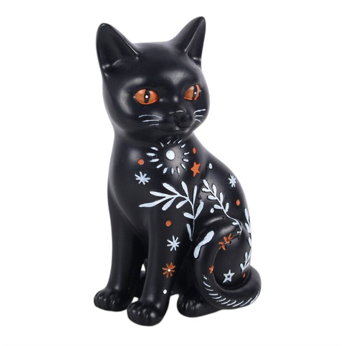 Black cat resin ornament front view with floral details