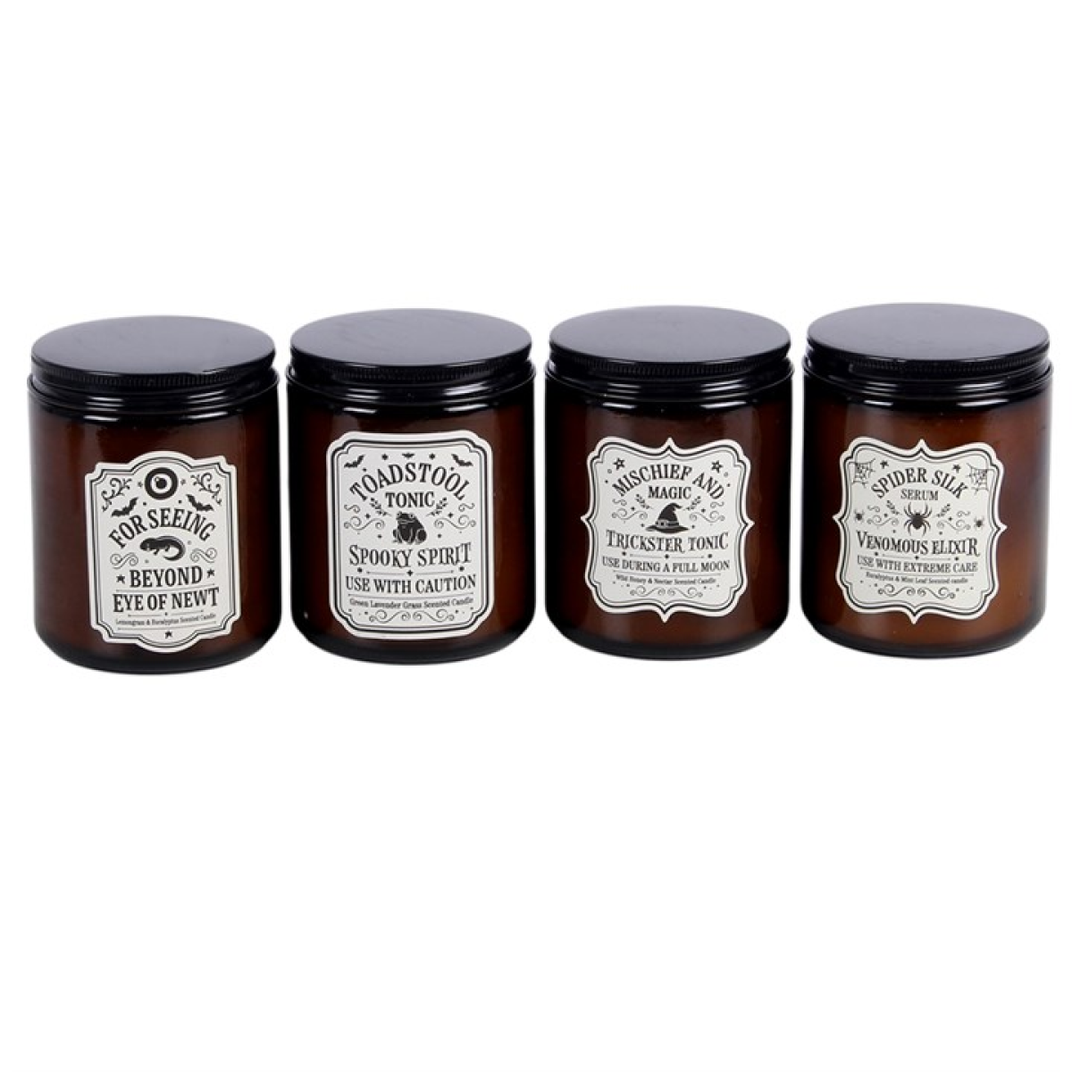 Four witchy apothecary candles with potion labels