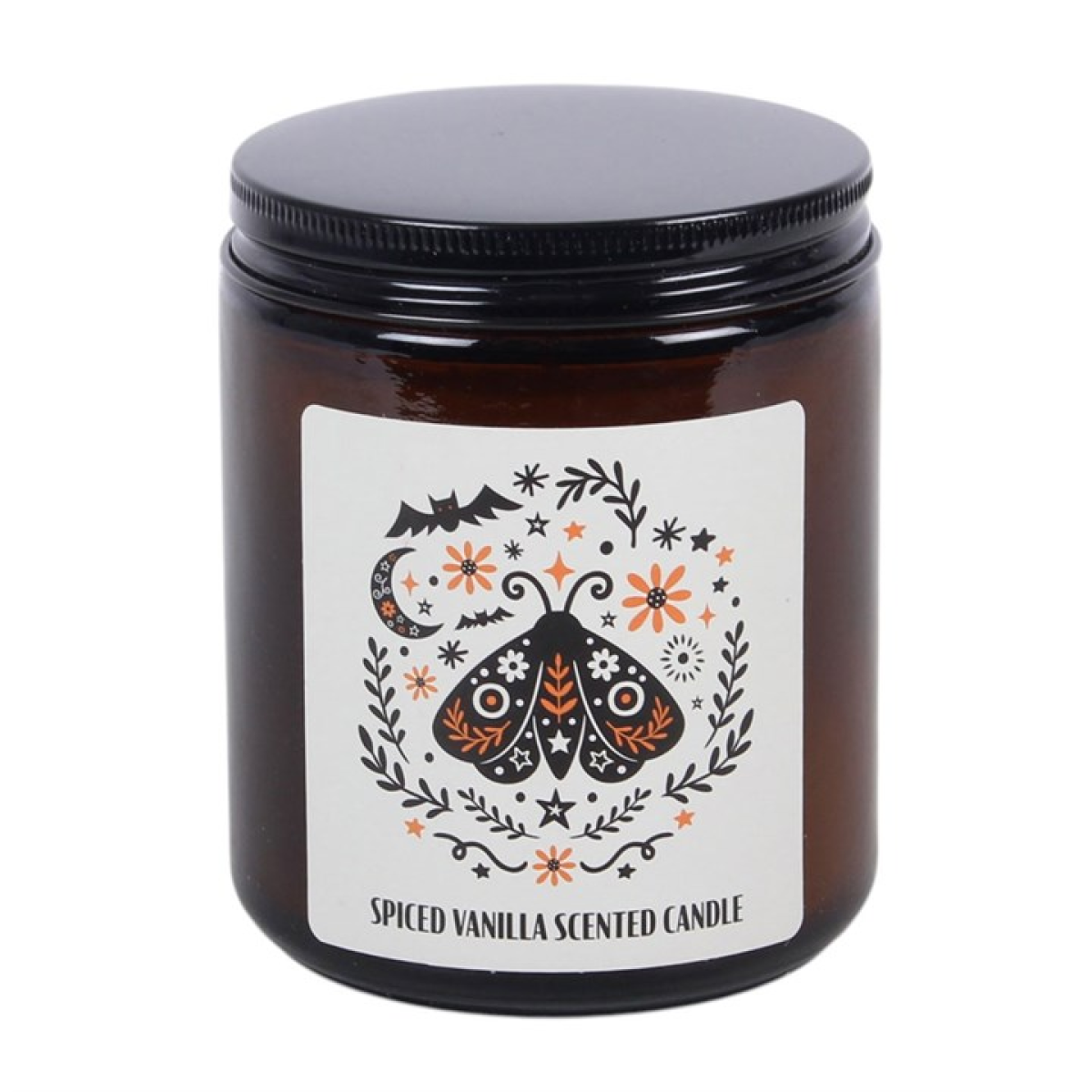 Frightful Folk moth scented candle in brown glass jar with lid