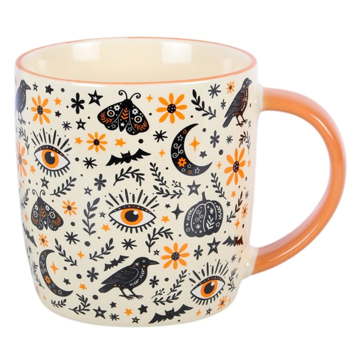 Frightful Folk ceramic mug with ravens moths moons and floral print