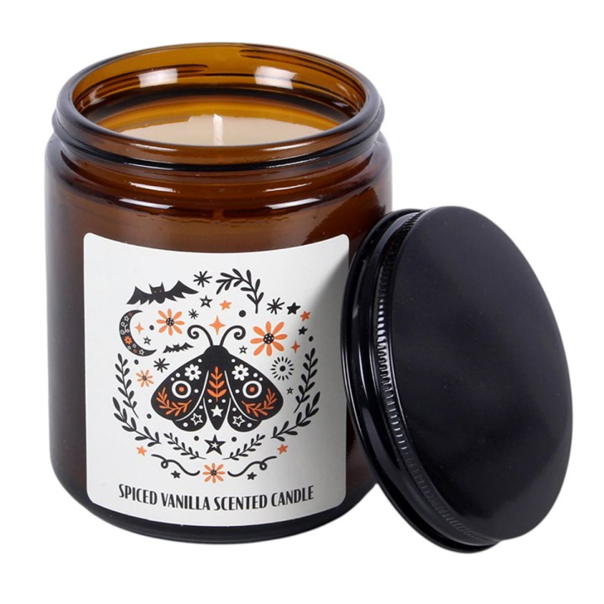 Moth design spiced vanilla candle with lid removed