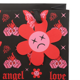 Black gift bag with red flower design and text on a white background