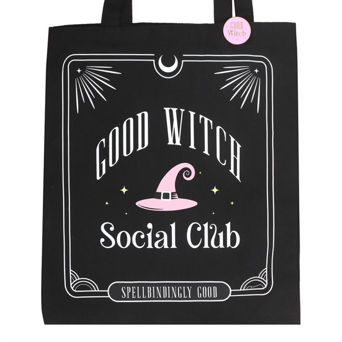 Front view of black witchy tote bag with Good Witch Social Club design