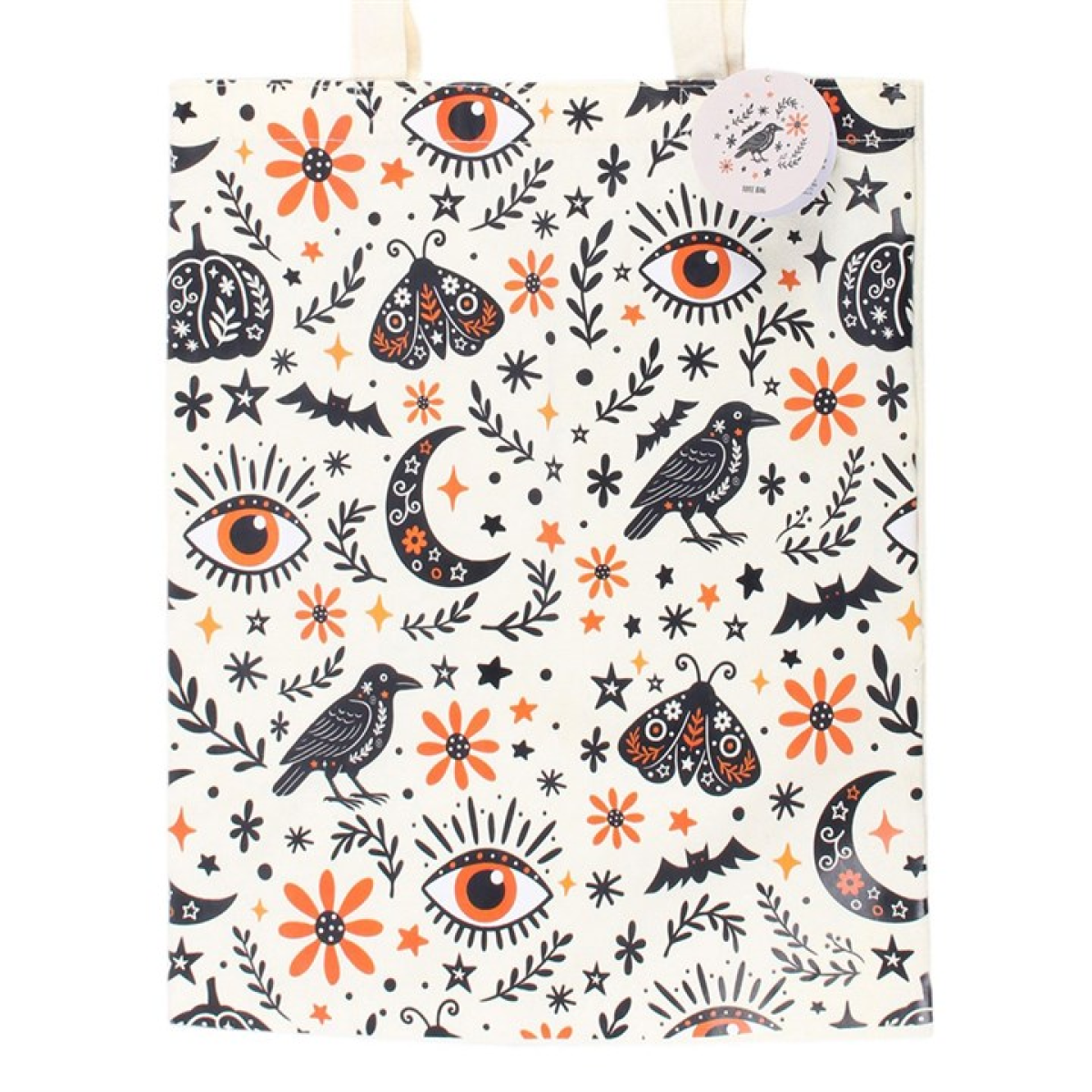 Close-up of Frightful Folk tote bag folk-inspired autumn pattern