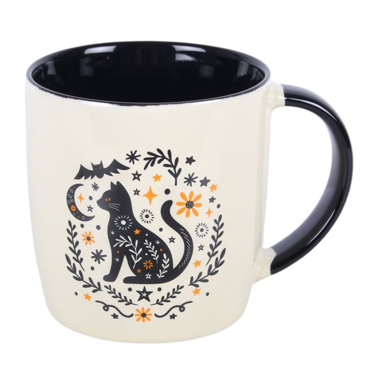 Frightful Folk black cat mug side view