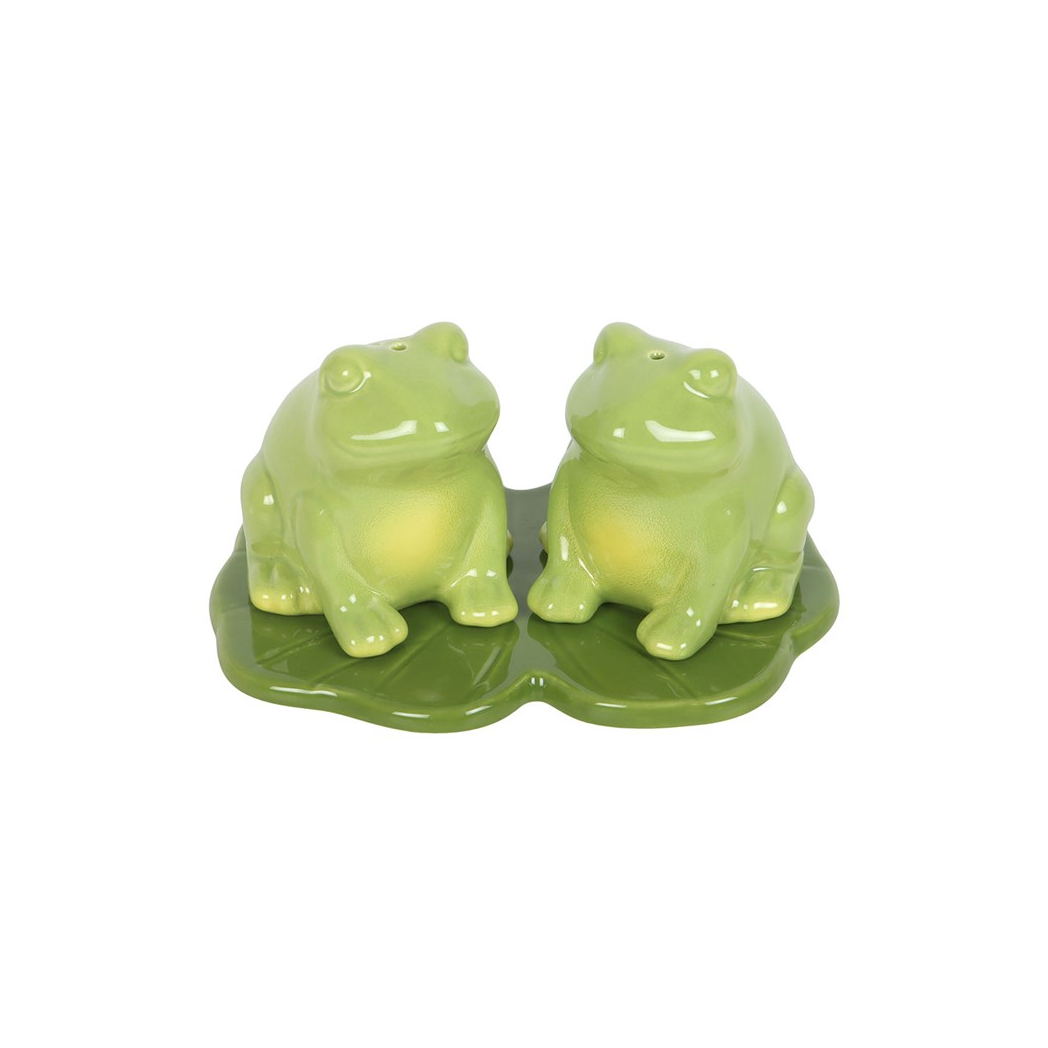 Green ceramic frog salt and pepper shakers on lily pad front view