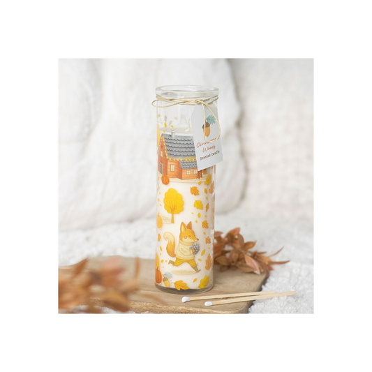 Decorative candle with fox design on a white background