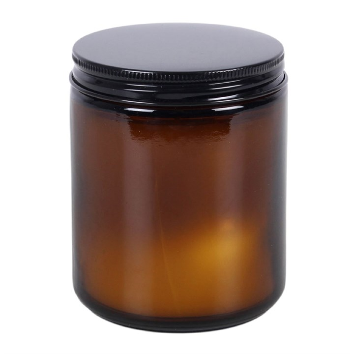 Brown apothecary jar scented candle showing moth design