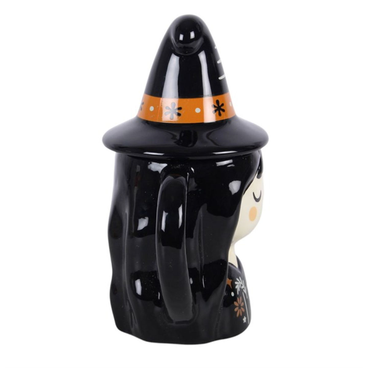 Black witch lidded mug with pointed hat and folk-inspired design