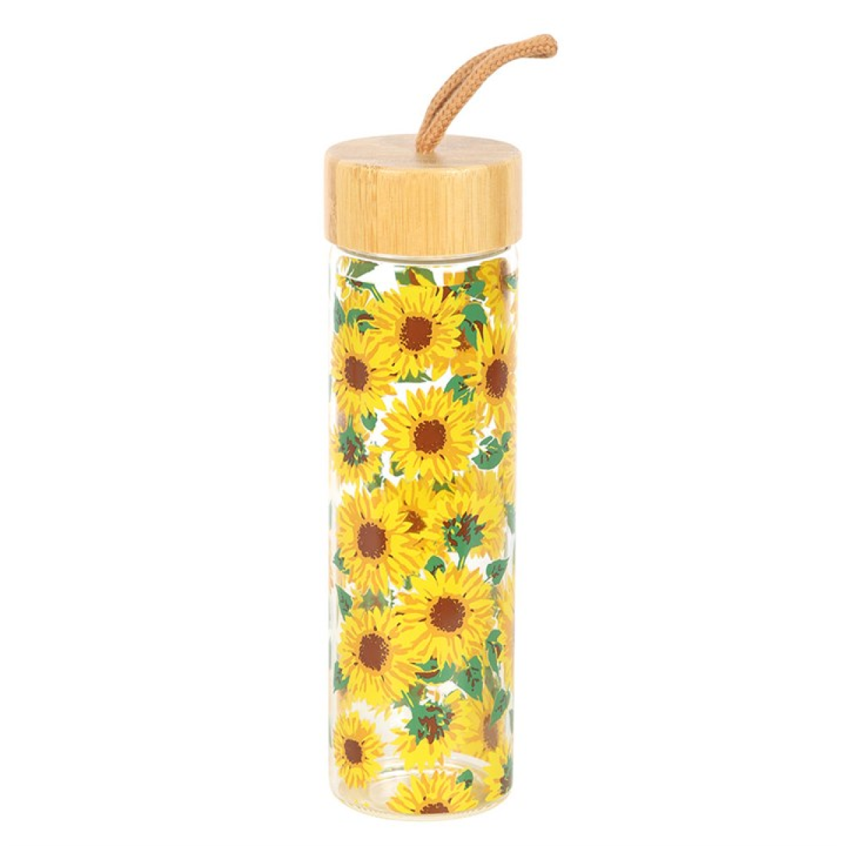 Glass sunflower water bottle with carry cord