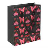 Black gift bag with pink butterfly and 'love angel' text pattern on a white background