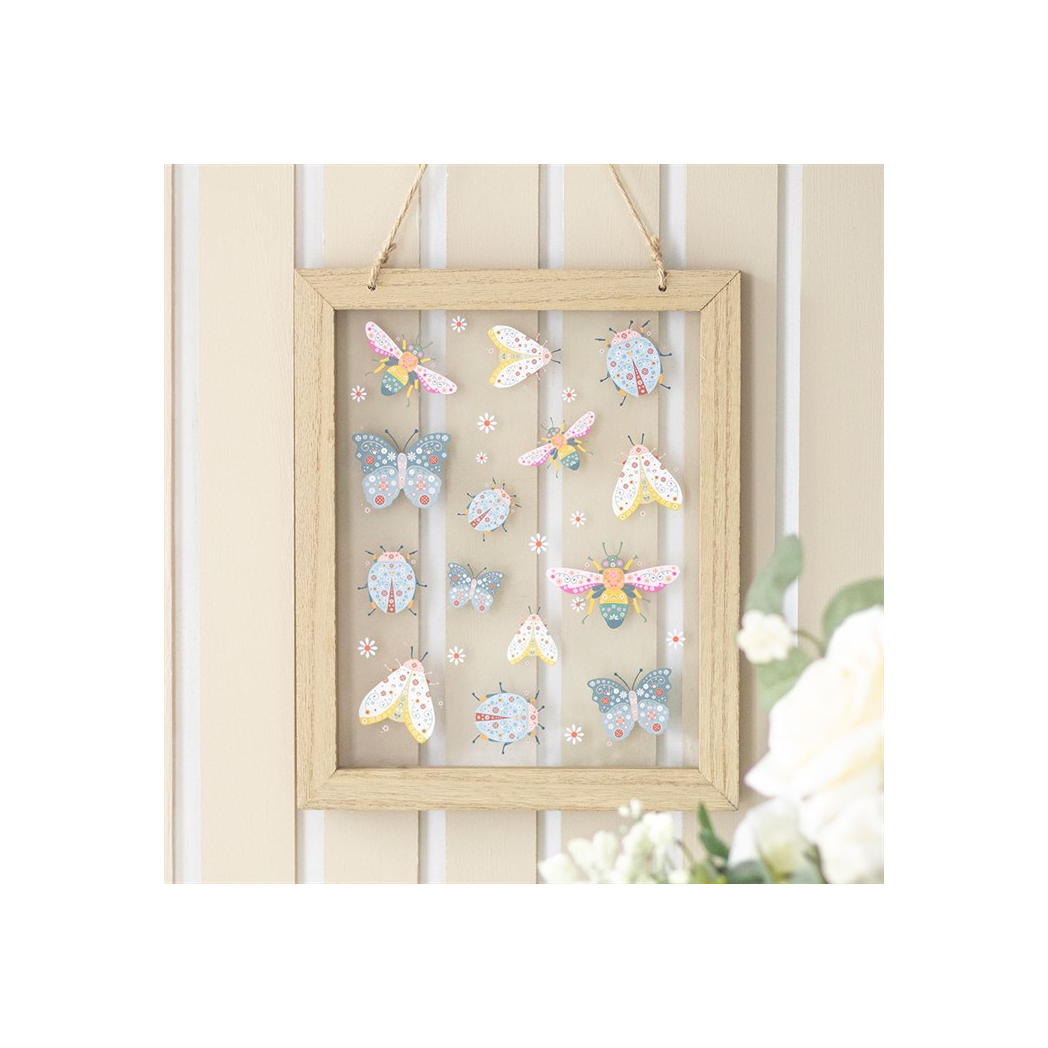 Floral bug print glass wall hanging with butterflies, insects and flowers