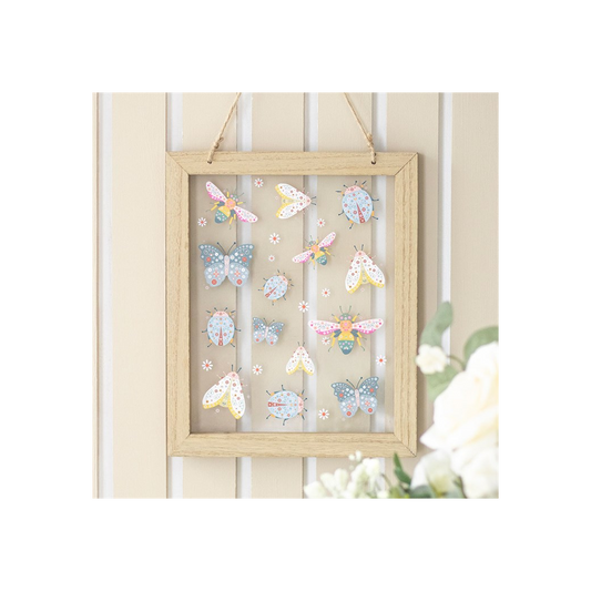 Floral bug print glass wall hanging with butterflies, insects and flowers