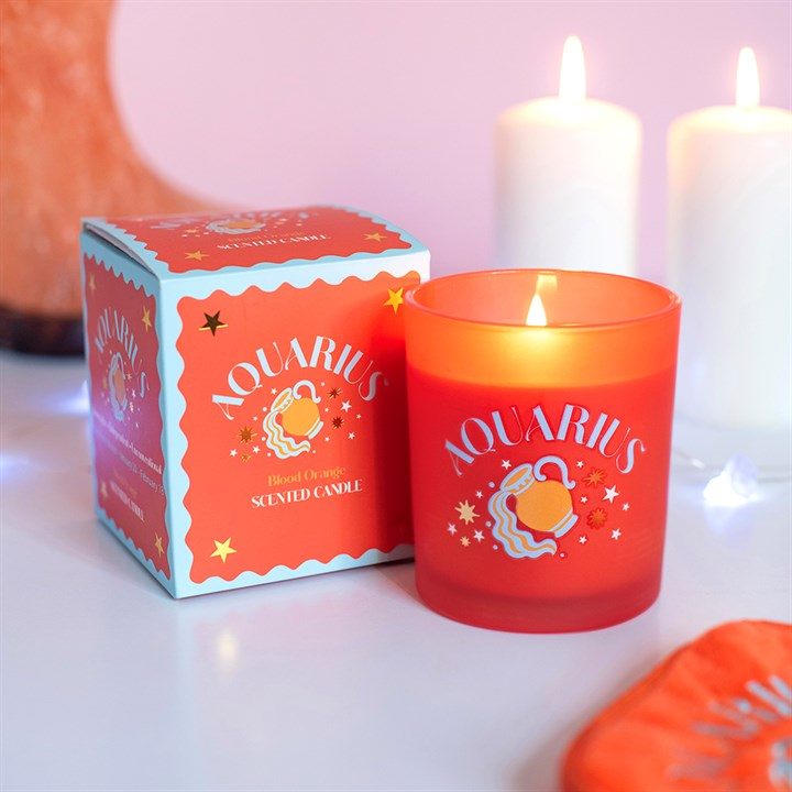 Zodiac Zest Aquarius blood orange scented candle with matching gift box
