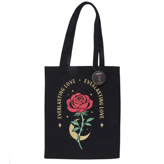 Front view of black tote bag with red rose and gold lettering