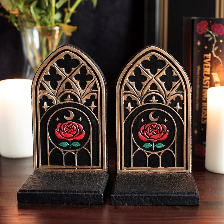 Pair of Gothic Rose Cathedral Arch Bookends on a shelf
