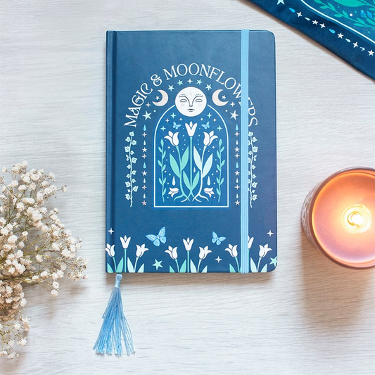 Magic & Moonflowers A5 notebook with navy blue celestial floral cover