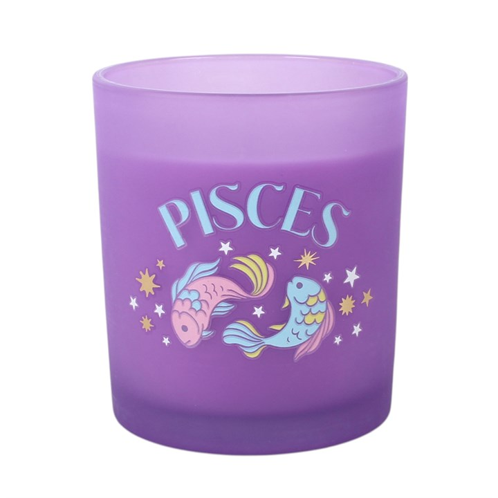 Front view of purple Pisces zodiac scented candle