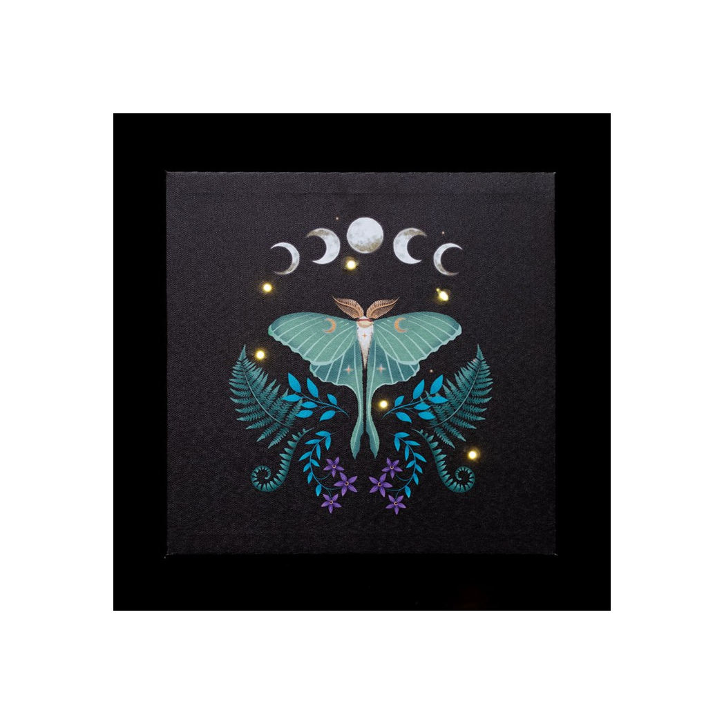 Celestial Luna Moth LED wall canvas with moon phase design