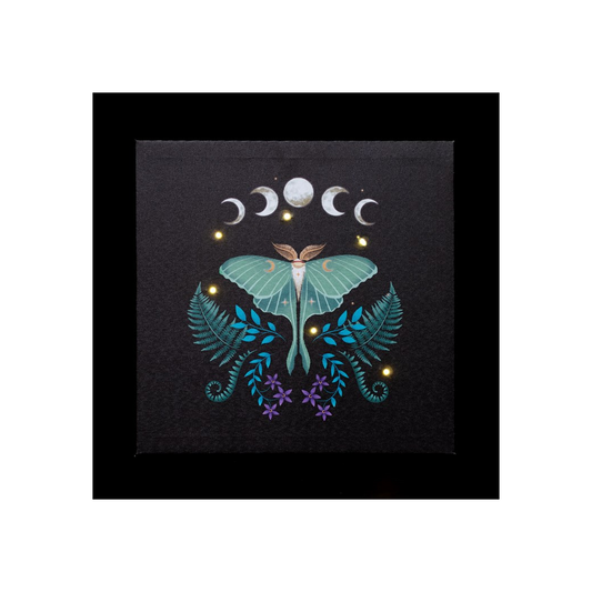 Celestial Luna Moth LED wall canvas with moon phase design