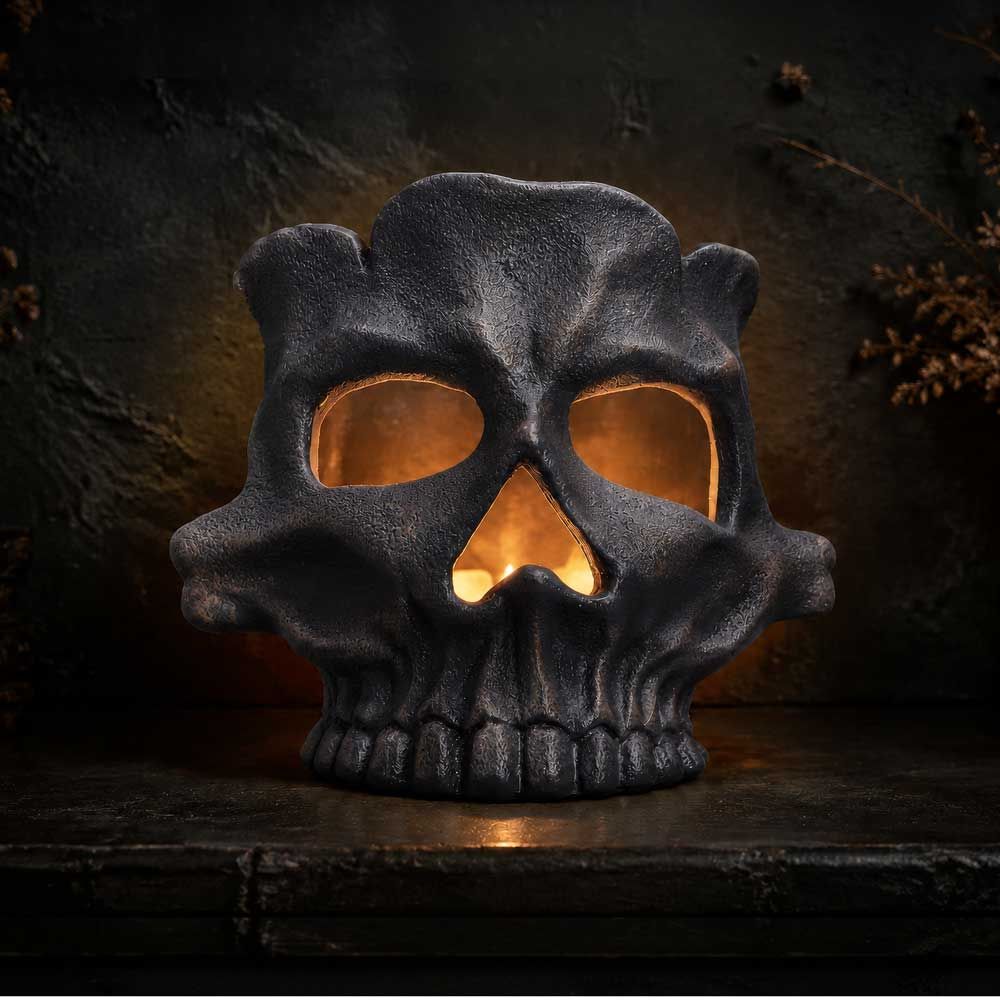 Inside of skull tea light holder with lit candle