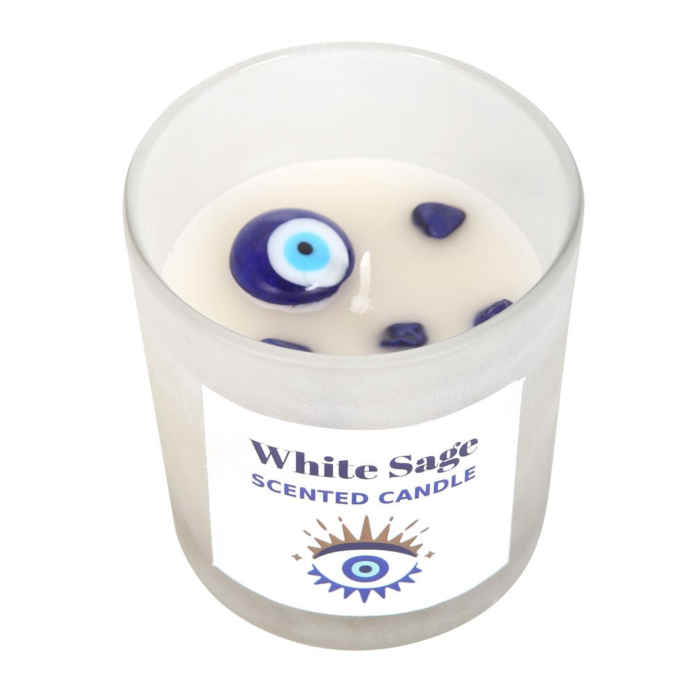 Sodalite crystal candle with blue evil eye charm
